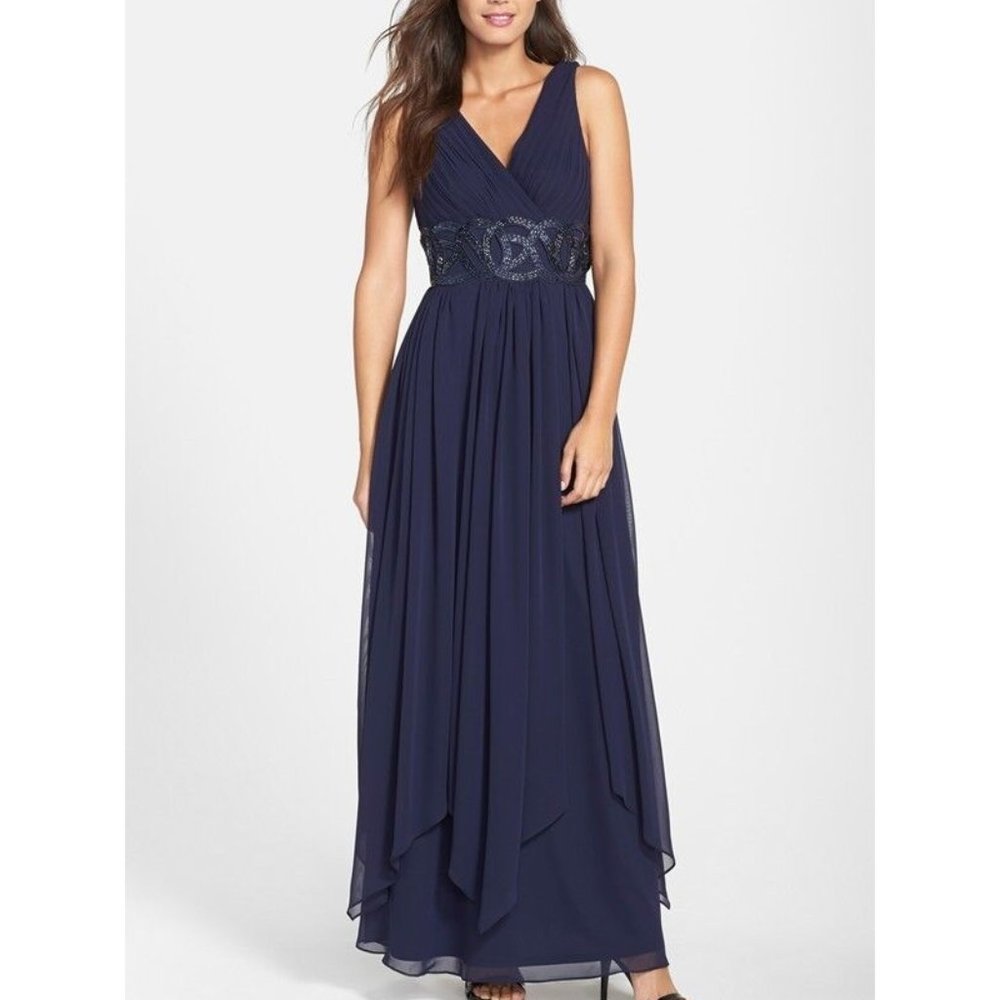 ELIZA J Embellished Chiffon Gown Bridesmaid Mother of the Brides Wedding NAVY